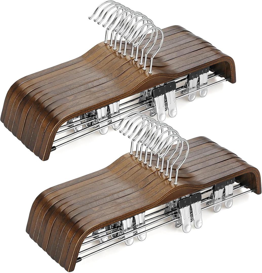 TOPIA HANGER Wooden Pants Hangers, Slim Natural Wood Skirt Hangers with Anti-Rust Hook and Adjustable Metal Clips, Perfect for Skirts, Pants, Slacks-20 Pack-CT17A20