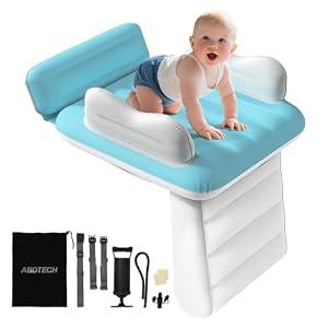 Abdtech Inflatable Toddler Airplane Bed: Safe & Soft - Portable Kids Travel Bed with Airplane Seat Extender for Kids - Blow up Mattress with Manual Pump, Seat Belt and Travel Bag (31Inch, Sky Blue)