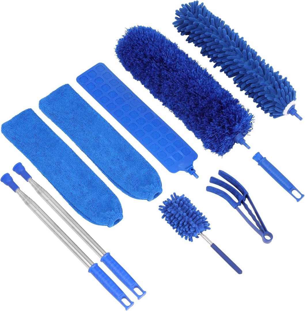 10 PCS Microfiber Cobweb Duster with Extension Pole (100 Inch Telescoping), Washable Dusters for Cleaning, Multifunctional Bendable Feather Duster for Ceiling Fan, Blind, High Ceiling (Blue)