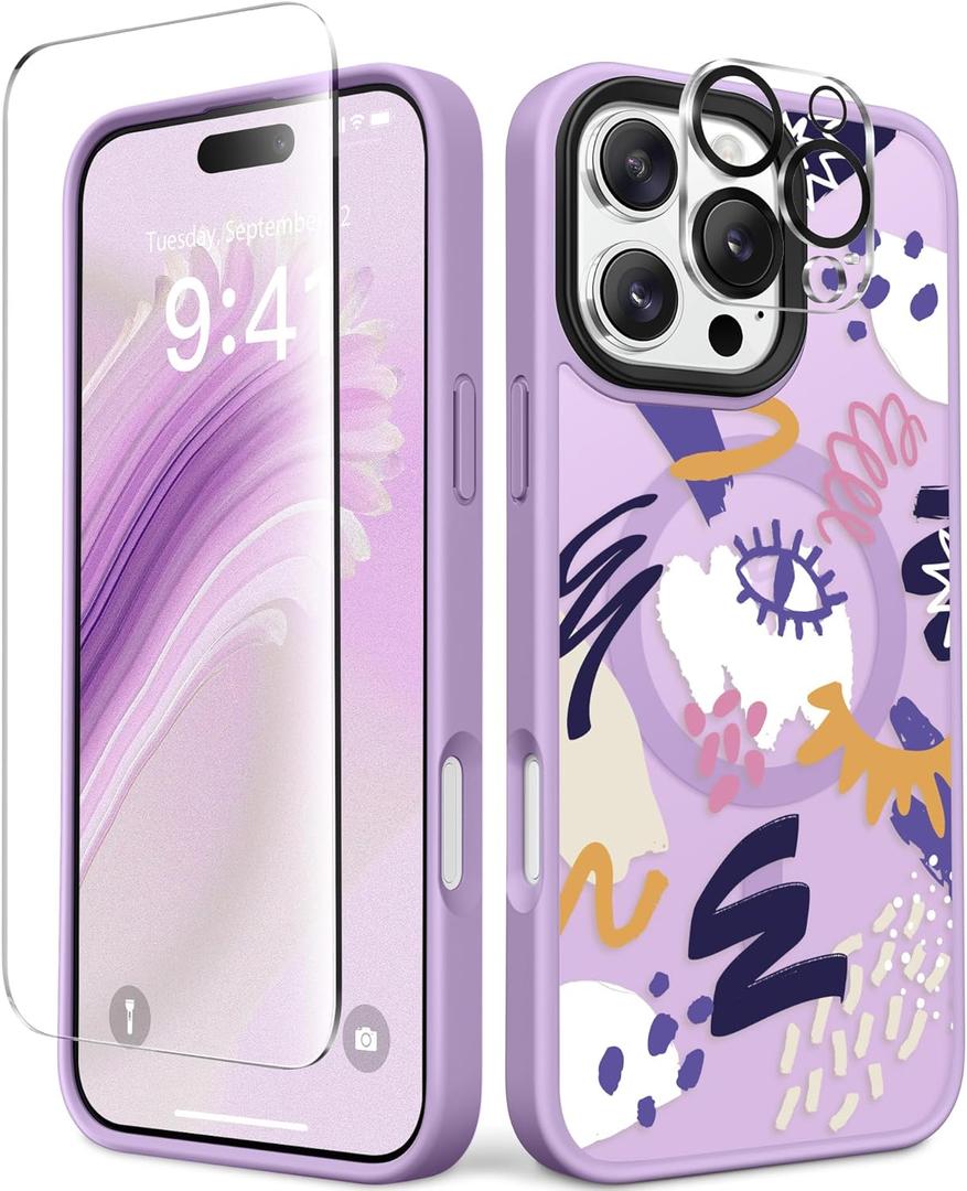 2 x GVIEWIN Magnetic for iPhone 16 Pro Max Case Compatible with Magsafe, [Screen & Camera Lens Protector] Fashion Pattern Translucent Shockproof Phone Cover for 16 Pro Max 6.9" (Art Eye/Purple)