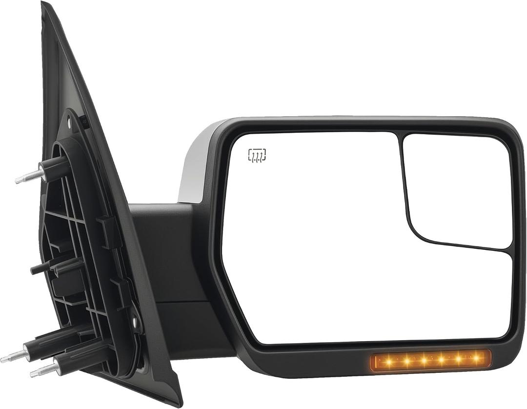 Passenger Side Tow Mirror Compatible with 2004-2014 Ford F150, Side Mirror with Power Heated Turn Signal Puddle Light Manual Folding, Reflective Strip, Chrome Housing, Right, Passenger Side Only