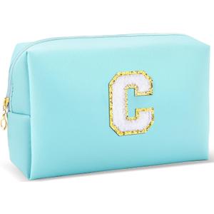 Gifts for Girls Initial Makeup Bag Personalized Cosmetic Bag with Zipper Cute Travel Toiletry Bag Waterproof PU Preppy Makeup Pouch Birthday Gift for Teen Girls Women(Blue C)