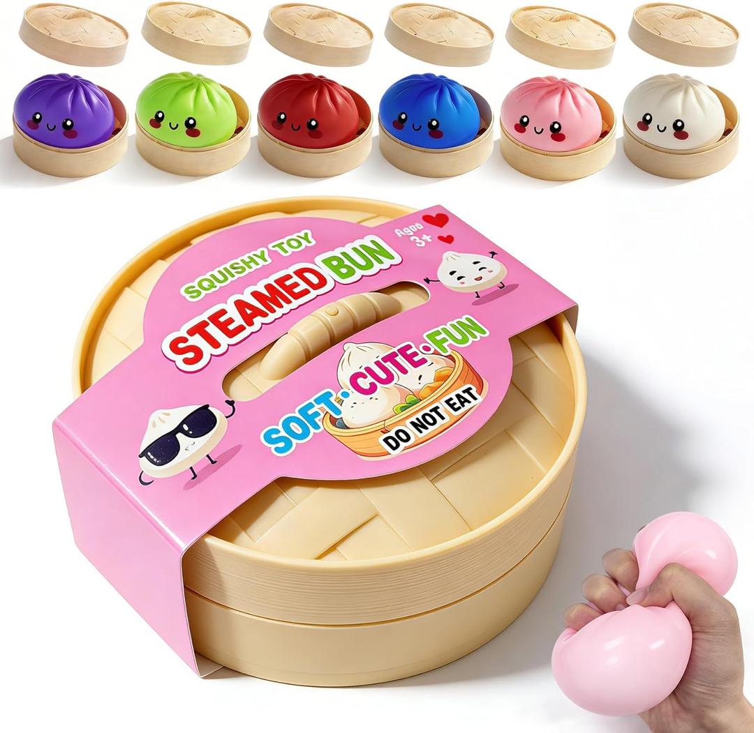 Dumpling Squishies,3.4inch Colorful Dumpling Stress Balls, Fidget Sensory Toy, Squeeze Dough Ball Stress Relief Hand Toys with Food Steamer, Dumpling Squishy Mystery Box, 6 Colors Random(1pack)