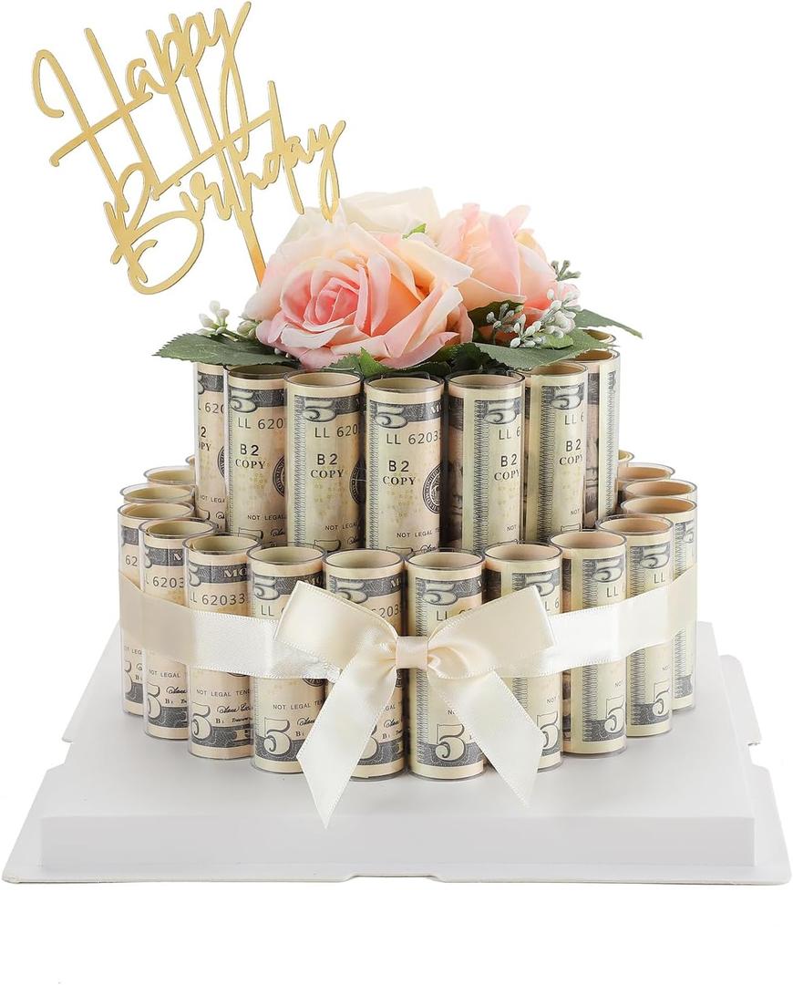 Money Cake - No DIY - Fake Rose Flower Cake Gift Boxes Birthday Gifts for Her and Him Gift Ideas,Surprise Money Box for Cash Gift Pull - 2 Tier Dispenser
