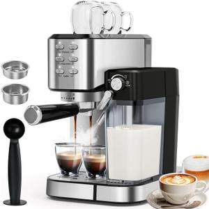 Vaparinckl Espresso Machine 20 Bar, Coffee Maker with Automatic Milk Frother, 6-in-1 One-Touch Small/Large Shot, Espresso Maker for Cappuccino/Latte, Compact for Home and Office, Stainless Steel
