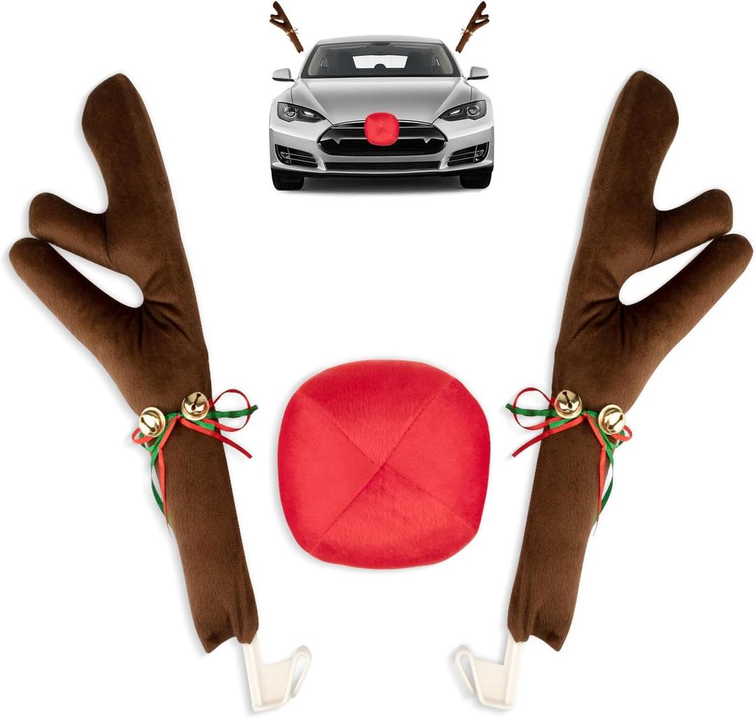 Car Reindeer Christmas Decoration Kit Antlers Nose for Window Roof-Top & Front Grille,Christmas Reindeer Auto Holiday Accessories Decoration Set for Car SUV Van Truck (Brown)