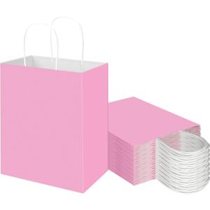 Toovip 50 Pack 8x4.75x10 Inch Medium Light Pink Kraft Paper Bags with Handles Bulk, Gift Bags for Birthday Party Favors Retail Grocery Shopping Business Goody Craft Merchandise Take Out Sacks
