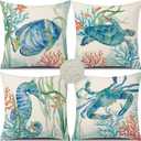 GTEXT 16x16 inch Set of 4 Ocean Beach Outdoor Throw Pillow Covers Waterproof Sea Coastal Theme Decor Cushion Square Pillowcase inch Beach Pillows for Patio Couch Sofa Turtle Crab Seahorse Fish