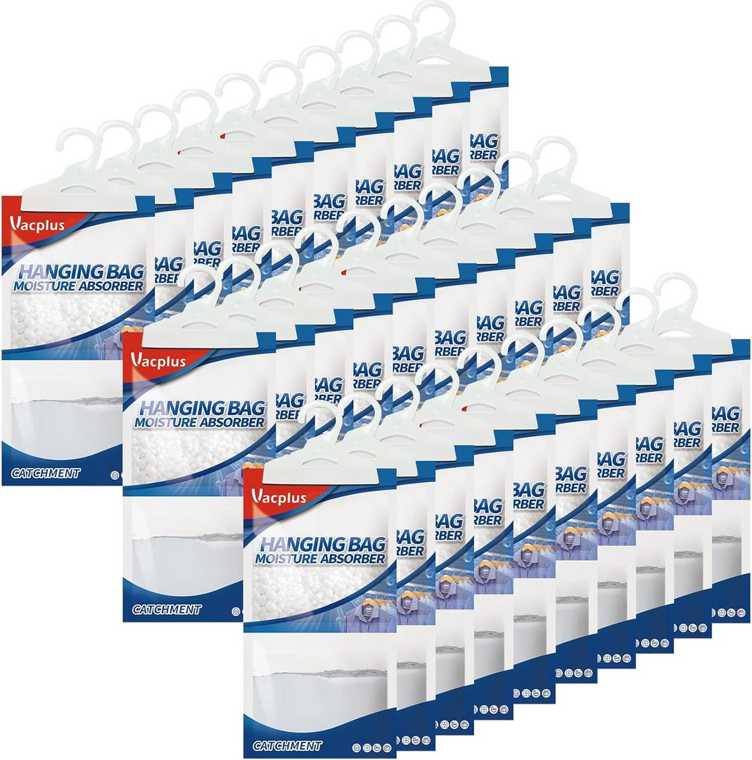 Vacplus Moisture Absorbers 30 Pack, Fragrance Free Hanging Humidity Packs with Sturdy Hook, Effective Closet Dehumidifier for Bathroom, Laundry Room, Basement, 9.8Oz