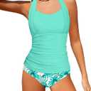 Girls Swimsuit Halterneck Tankini for Girls Two Piece Swimsuit Tropical Printed Swim Shorts Ruched Bathing Suit  (13-14yrs)