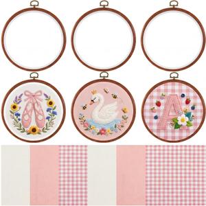 Tudomro 12 Pcs Decorative Embroidery Hoop with Fabric Set 6.7" Round Imitated Wood Cross Stitch Frame & 11.8" Pink Pre-Cut Cloth Squares for Beginner DIY Art Craft Sewing Hanging Ornament