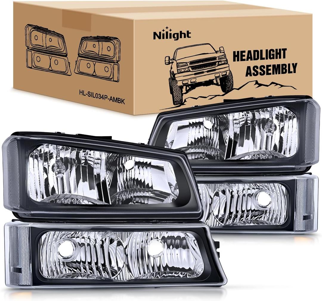 Nilight Headlight Assembly for 2003 2004 2005 2006 Chevy Silverado Avalanche 1500 1500HD 2500 2500HD 3500 Chevrolet Pickup Replacement Headlamp Housing Bumper Lamp Set (Black Housing + Clear Reflector)