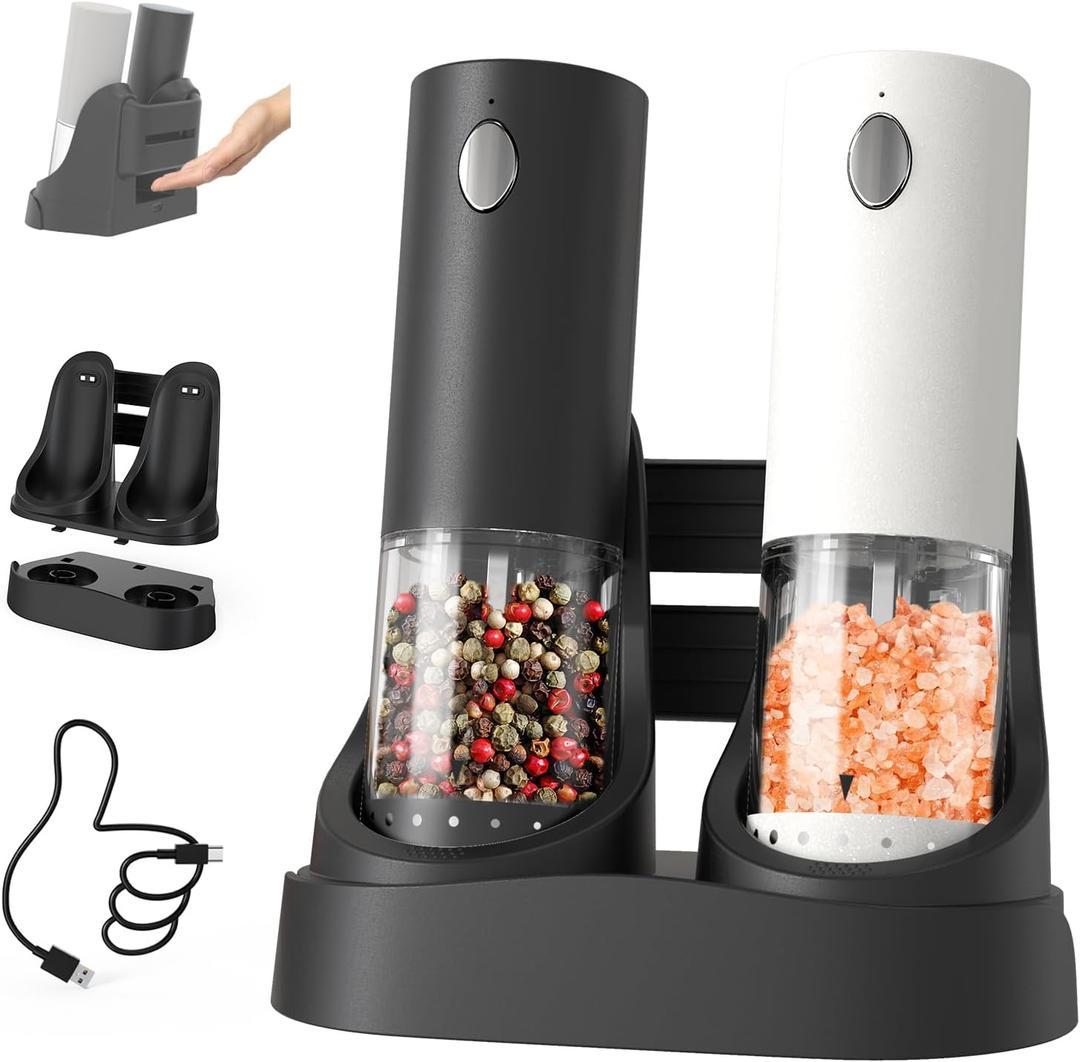 CIRCLE JOY Electric Salt and Pepper Grinder Set Automatic Salt and Pepper Mills Set with Easy-to-Carry Charging Base and LED Light, USB Rechargeable, Upgrade External Adjustable Coarseness (03/White&Black/Charging Base)