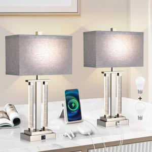 Silver Lamps Set of 2, 3-Way Lighting Modes Bedside Lamps for Nightstand, Bedroom Table Lamps with USB Charging Port & Type C, 23" Silver Table Lamp for Living Room, 2 Bulbs Included
