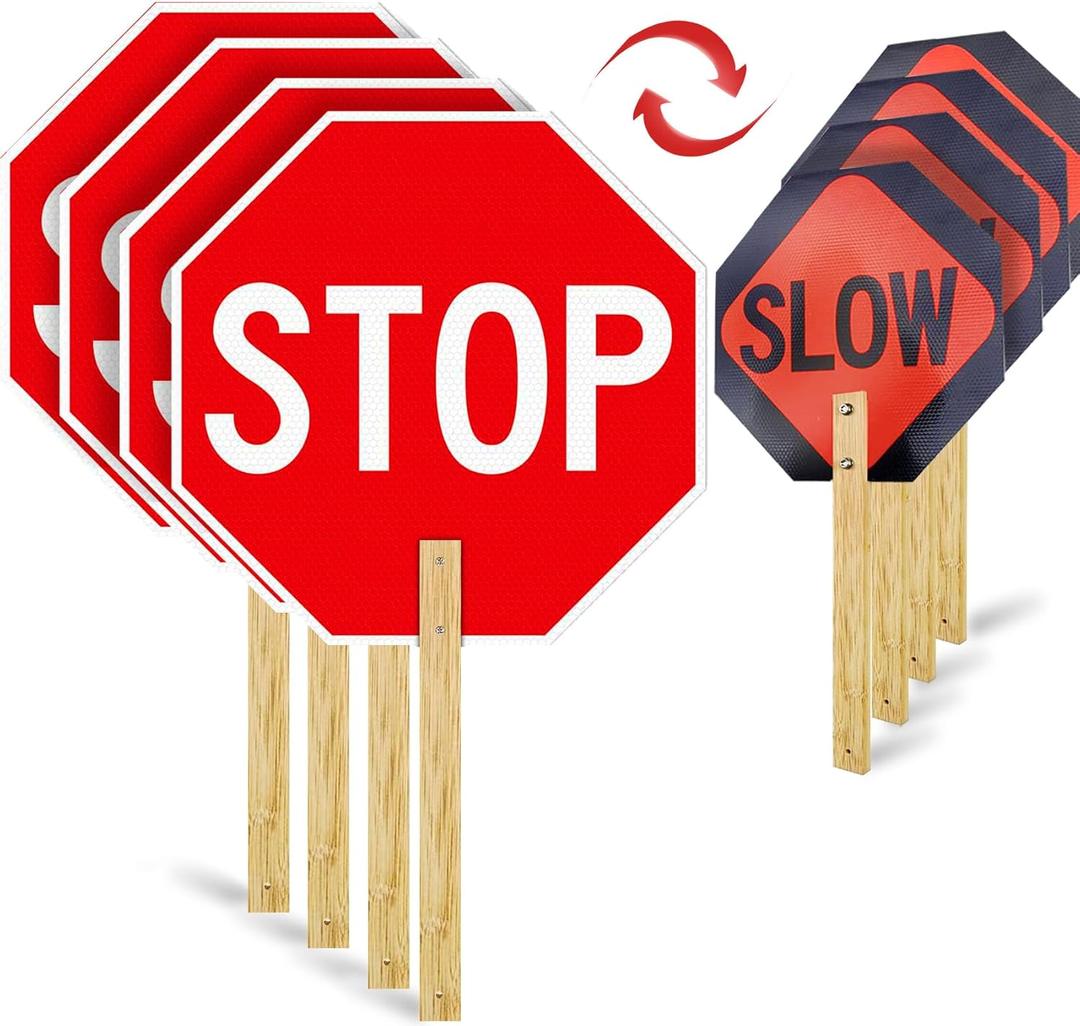 4 Pack Stop Slow Sign, 13 x 13 Handheld Stop Sign, Aluminum Crossing Guard Signs with Handle, Double Sided Reflective Signs, Waterproof, Weather Resistant