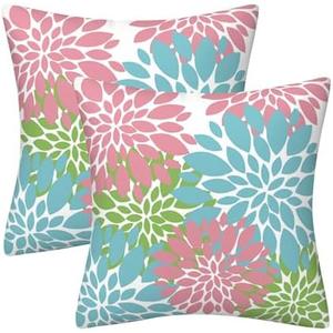 AHAHM Green Pink Blue Dahlia Floral Throw Pillows Farmhouse Decorative Throw Pillow Case Indoor Outdoor Cushion Cover Spring Summer Pillowcase for Couch Living Room Bedroom 18 x 18 Inch Set of 2