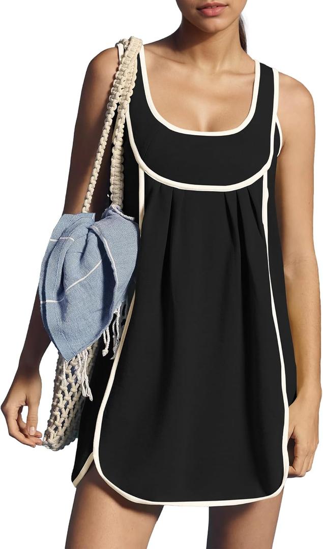 Locachy Women's Casual Summer Sleeveless Mini Dress Color Blocked Pleated Tank Beach Short Dresses (Black, Small)