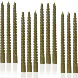 Olive Grenn Tall Taper Candles Spiral Candle Sticks,Unscented Pastel Candle for Holiday,Wedding and Home Decoration,10inch,12 Pack(E-Olive)