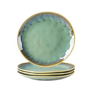 Henten Home Ceramic Dessert Plates, 8.5 Inch Salad Plate Set of 4, Porcelain Snack Serving Dishes for Cake, Kitchen, Microwave & Dishwasher Safe, Reactive Glaze (Green)