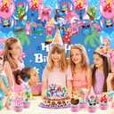 42Pcs Cartoon Themed Party Supplies Includes Banner Cake Topper Cupcake Toppers and Balloons Blackdrop for Cartoon Baby Shower Birthday Party Decorations