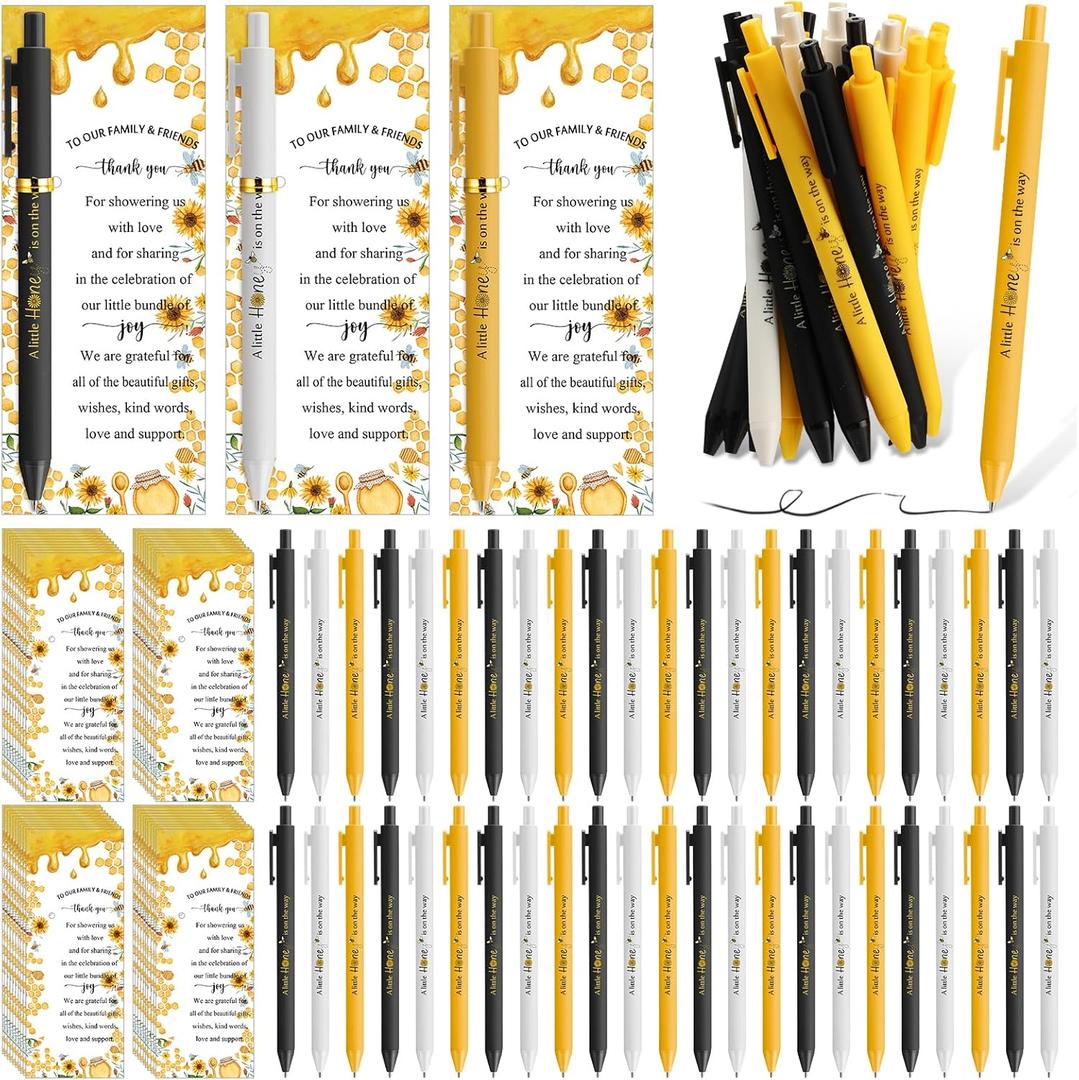 Engrowtic 50 Set Baby Shower Gifts Pens for Guests Bulk Baby Shower Party Favors Retractable Ballpoint Pens with Thank You Cards Gender Reveal Souvenirs Prizes Supplies Return Gifts (Bee)