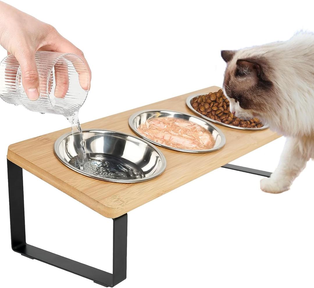 Elevated Cat Bowls with 3 Stainless Steel, 15 Tilted Raised Cat Bowl Set, for Indoor Cats for Small Cats and Puppies Pet Bowls with Stand