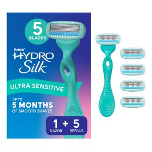 Schick Hydro Silk Ultra Sensitive Razor for Women | Womens Razor for Sensitive Skin, 5 Blade Razors for Women, Womens Razors for Shaving, Includes 1 Handle & 5 Refills