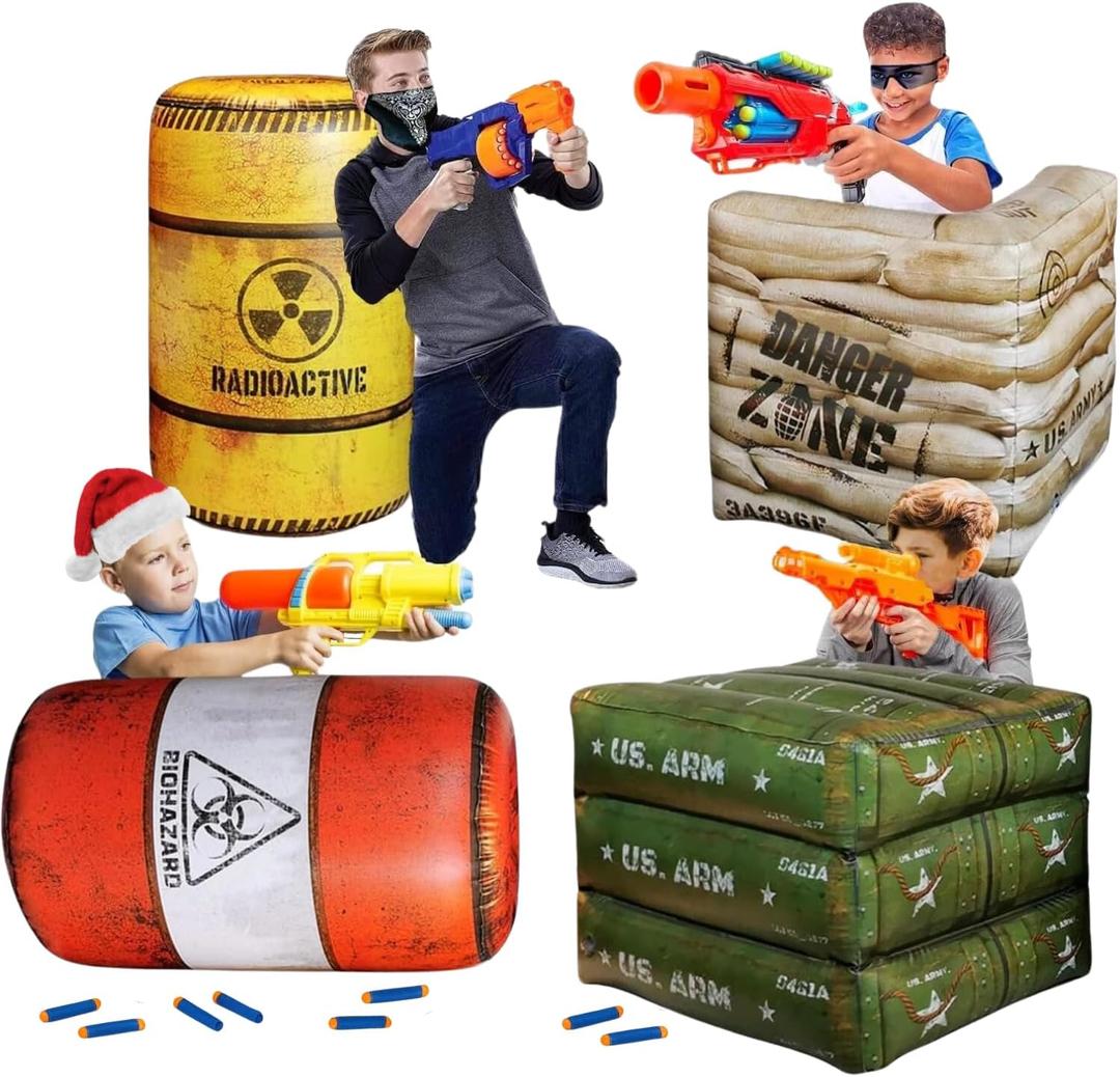 Premium Package 4 Combat Battlefield Inflatables, Compatible with Nerf, Laser tag, Water Gun for Boys Birthday Party Activities and Decoration