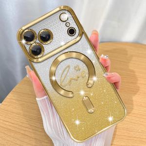 ZIYE Magnetic Case Designed for iPhone 17 Pro Max Glitter Case Luxury Plating Love Heart Compatible with MagSafe Clear Case with Camera Protection Shockproof Cover Made for Women Girls-Gold