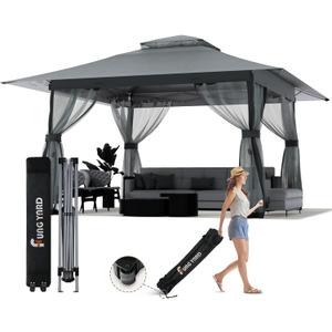 13x13 Outdoor Patio Gazebo with Mosquito Nettings - Double Roof Pop Up Canopy Tent with Wheeled Carry Bag, for Backyard Deck Lawns Garden (Gray, 13X13)