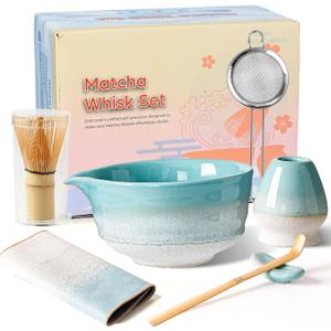 Matcha Whisk Set, Ceramic Matcha Kit Desert Style, Matcha Whisk and Bowl, Bamboo Scoop and Rest, Sifter and Tea Towel, 7 Pcs Gifts for Matcha Lover - Mint Green