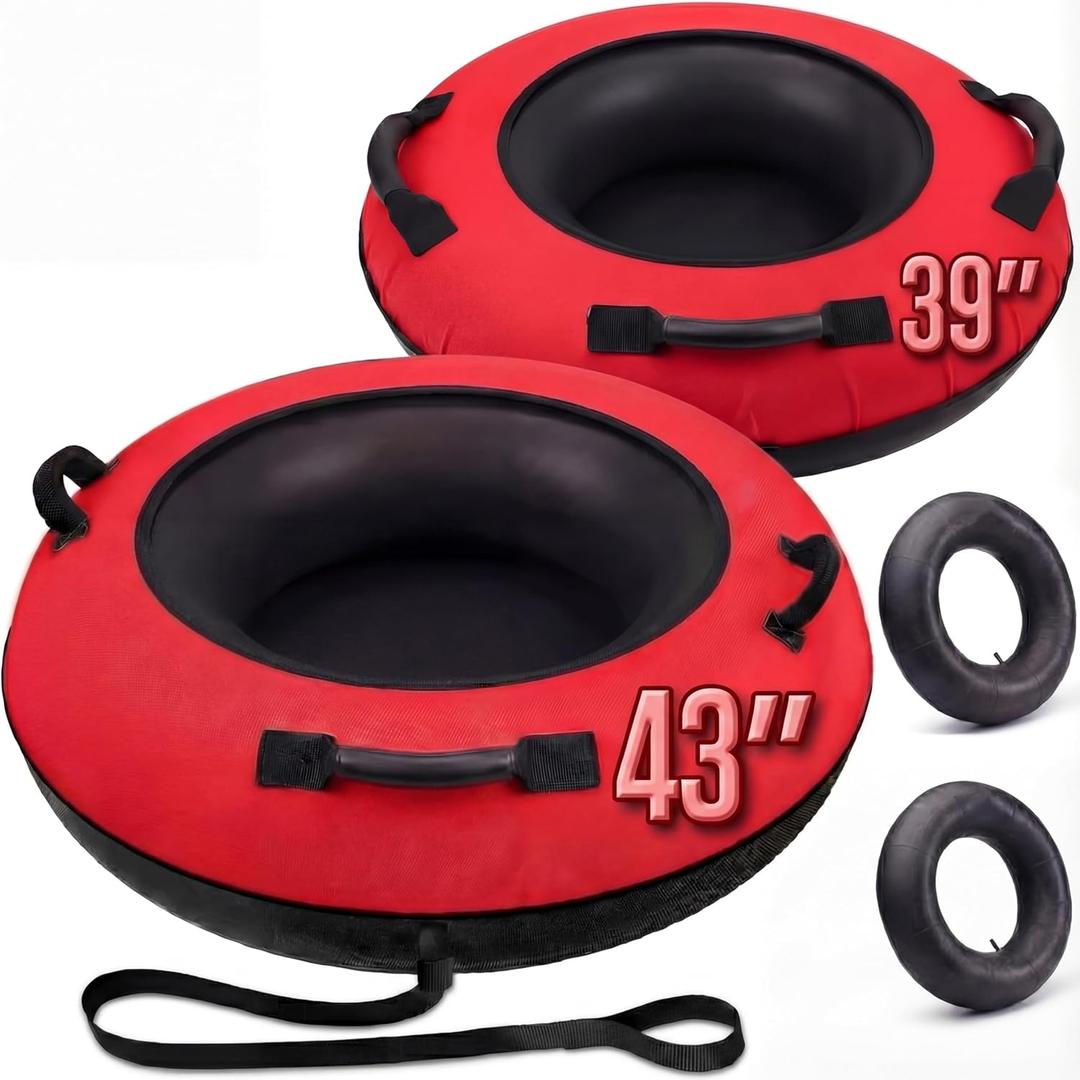 2 Pcs 43'' /39'' Heavy Duty Snow Tube with Premium Canvas Cover and Foam Filled Handles Inflatable Adult Sled Thickened Hard Bottom Snow Tubes for Winter Outdoor Fun Sledding
