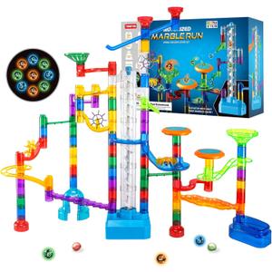 152pcs Glowing Marble Run Kit with Double Tracks Motorized Spiral Lift,2 Stunt Trampolines,30 Glow in The Dark Plastic Marbles & More. Building Project Toys, STEM Gifts for Boys&Girls.