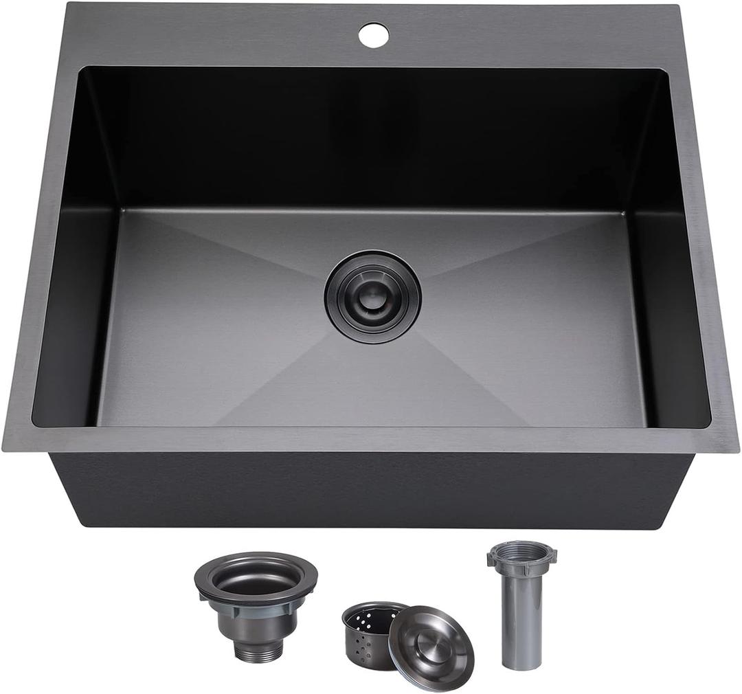 SHACO 25x22 Inch Black Drop In Kitchen Sink, 25 Inch Gunmetal Black RV Laundry Utility Sink, Top Mount 16 Gauge Stainless Steel Single Bowl Deep Small Kitchen Sink