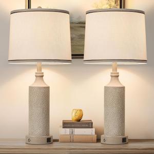 AIDENOEY 27.5" H 3-Way Dimmable Touch Control Table Lamp with USB A+C Ports, Vintage Washed White Finish Resin Bedside Farmhouse Table Lamp Set of 2，for Living Room，Bedroom，Office