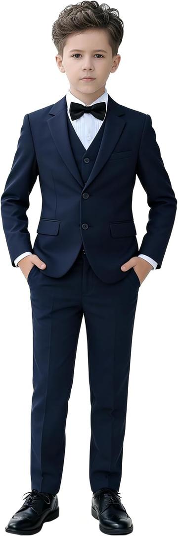 YuanLu Boys Suit for Kids Tuxedo Wedding Ring Bearer Outfit, 5 Piece Boy Slim Fit Formal Suits with Adjustable Waist (Blue)