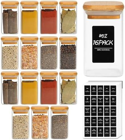 ComSaf Spice Jars with Labels 8 oz 16Pack, Small Spice Containers Starter Set, Glass Seasoning Jars with Lids, Square Seasoning Containers for Salt, Pepper, Chili Powder, Sugar, Loose Tea Storage