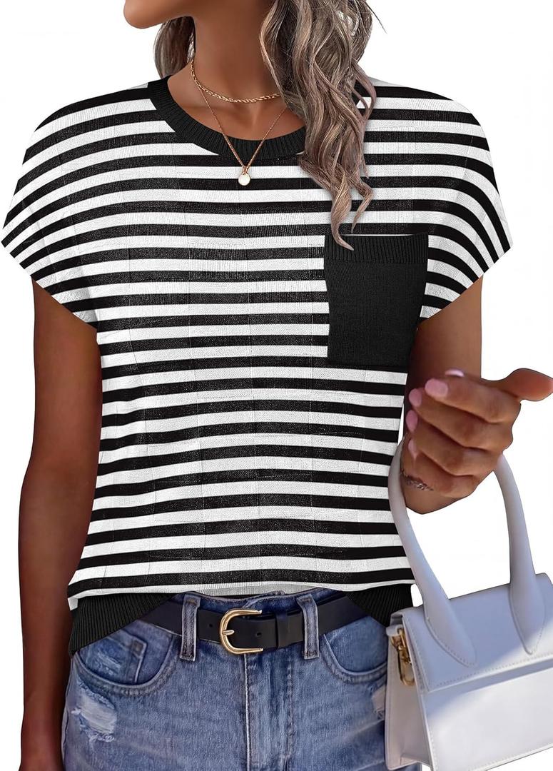 WIHOLL Short Sleeve Sweater for Women Crew Neck Trendy Summer Tops 2026 Travel Business Casual Spring Outfits with Pocket (Small, Striped Black White)
