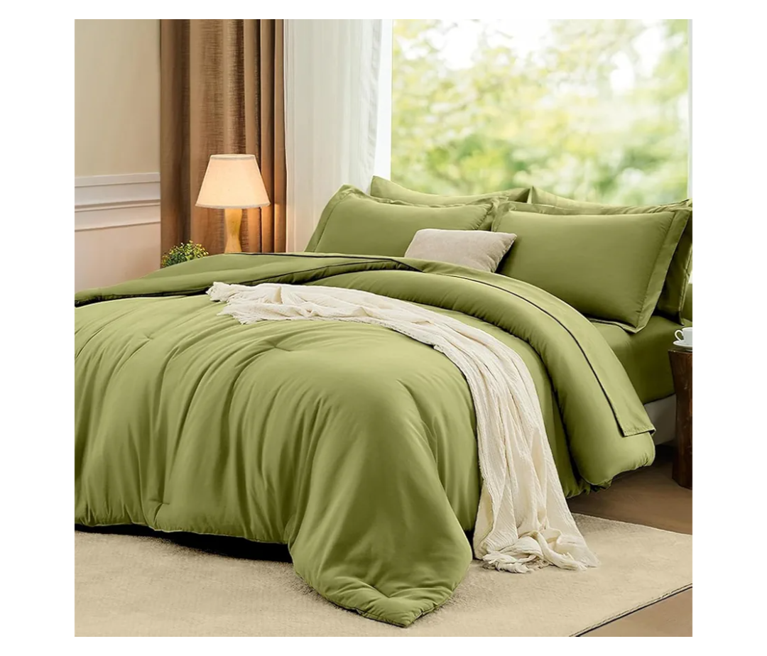 FUANNA Queen Comforter Set Olive Green, 7 Pieces Soft Bedding Sets Queen Size, All Season Lightweight Bed in a Bag with Comforter, Flat Sheet, Fitted Sheet, Pillowcases & Shams