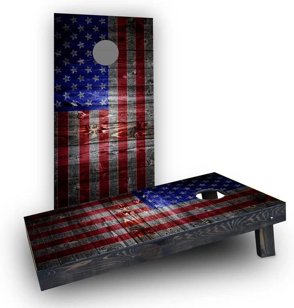 Cornhole Board Set: American Flag Dark Wood Custom Cornhole Boards Game Set. Perfect for Backyard, Beach, Park, Tailgates.