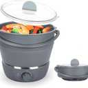 Drizzle Foldable Electric Cooker Travel Hot Pot - Dual Voltage 100V-240V Hot Pot Cooking - Food Grade Silicone Cookerware Boiling Water Steamer - Camping Office Hotel Noodle Porridge Soup Drom (Gray)