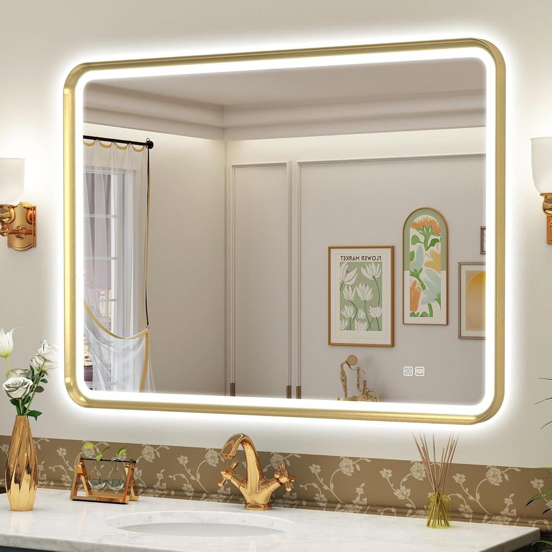 S'bagno 40X28 Gold LED Mirror for Bathroom with Frontlit & Backlit, LED Bathroom Mirror with Metal Frame, Anti-Fog, Stepless Dimmable, 3 Colors Temperature LED Vanity Mirror(Horizontal/Vertical)