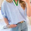 Samefar Womens Short Dolman Sleeve Tops Striped V Neck Summer Casual Loose Fit Blouses Business Tee Shirts Dressy (XL)