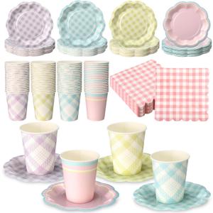 Yungyan 216 Pcs 72 Guests Pastel Gingham Party Supplies 6 Inch Plaid Paper Plates and 9 oz Cups and Napkins Tableware Set for Birthday Bridal Shower BBQ Picnic Party Supplies Decoration