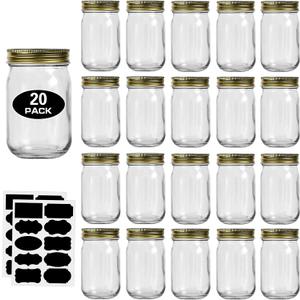 12oz Glass Jars With Lids Regular Mouth 20 Pack -Mason Jars 12 oz For Crafts, Meal Prep, Canning Jars For Food Storage Frascos De Vidrio Con Tapa Para Conservas-with 20 Chalkboard Stickers-Gold Lid (Gold)