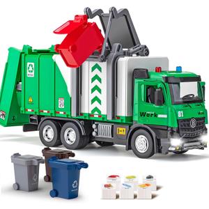 Side Loading Garbage Truck Toys Metal CAB, Trash Truck with Air-Pump Function, Lights & Sounds, Includes 4 Trash Bins, Learning Cards, Birthday Gift for Toddlers Kids 12"