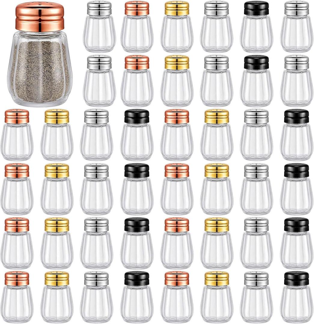 Potchen 50 Pcs Mini Glass Salt and Pepper Shakers Bulk 0.34 oz Cube Clear Tiny Salt Pepper Holder Glass Seasoning Jars Kitchen Spice Shaker with Mesh Top for Table Drinkware Home Accessories(4 Colors)