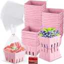 Amyhill 100 Pack Pink Pulp Fiber Berry Basket Set Include 100 Strawberry Fruit Basket and 100 Clear Packaging Bags with 100 Tie Strips Small Berry Container for Farmer Market Produce Storage