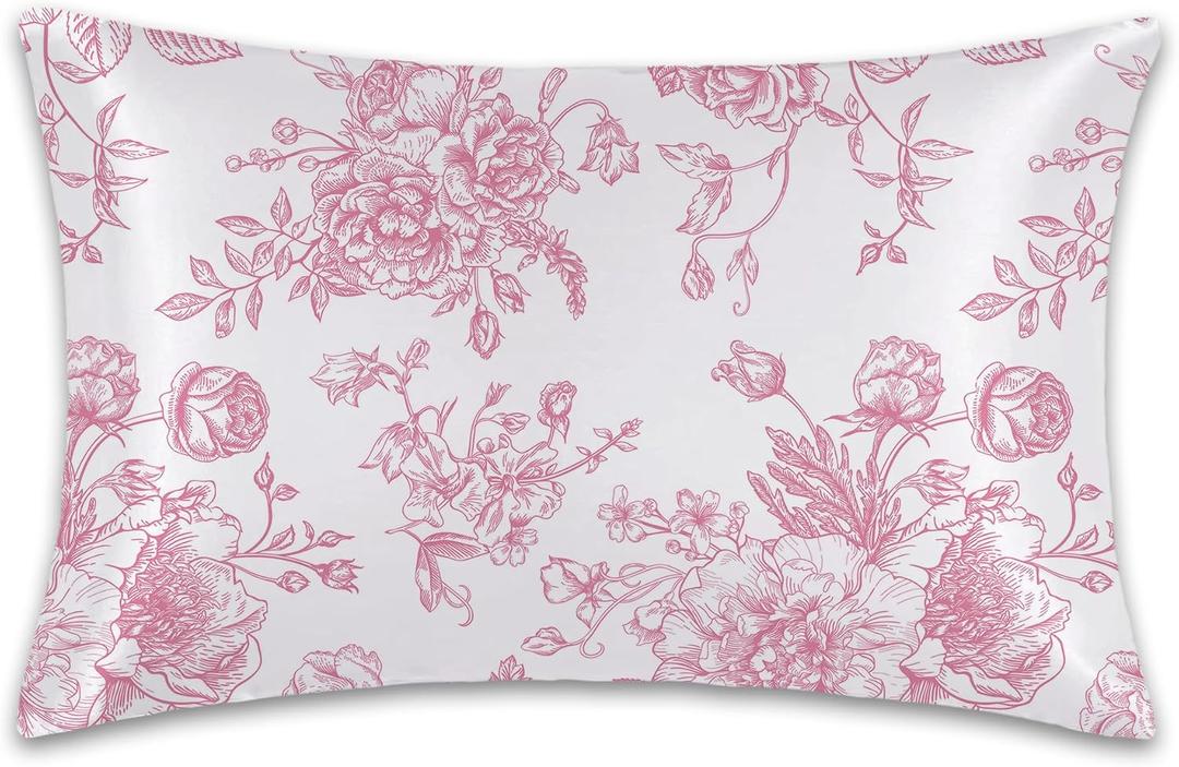 Satin Pillowcase 1 Pack - Pink Flowers Peonies Roses Floral Silky Pillow Cover for Hair and Skin,Queen Size 20x30 Inch Soft Cooling Printed Pillow Cases with Hidden Zipper,Gifts for Women Men