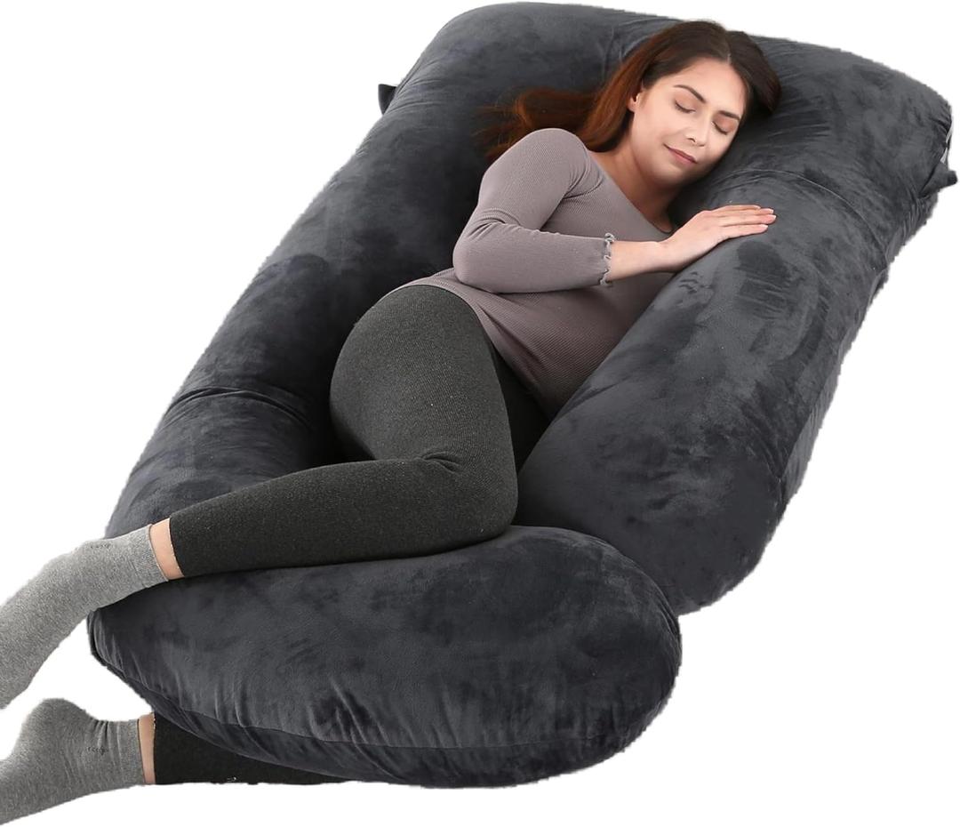 Pregnancy Pillow, Full Body 57 Inch Maternity Pillow with Removable Washable Cover - Sleep Support for Legs, Back, Neck, Shoulder, HIPS, Belly for Pregnent Women, Black Grey Velvet Cover (Black-grey)